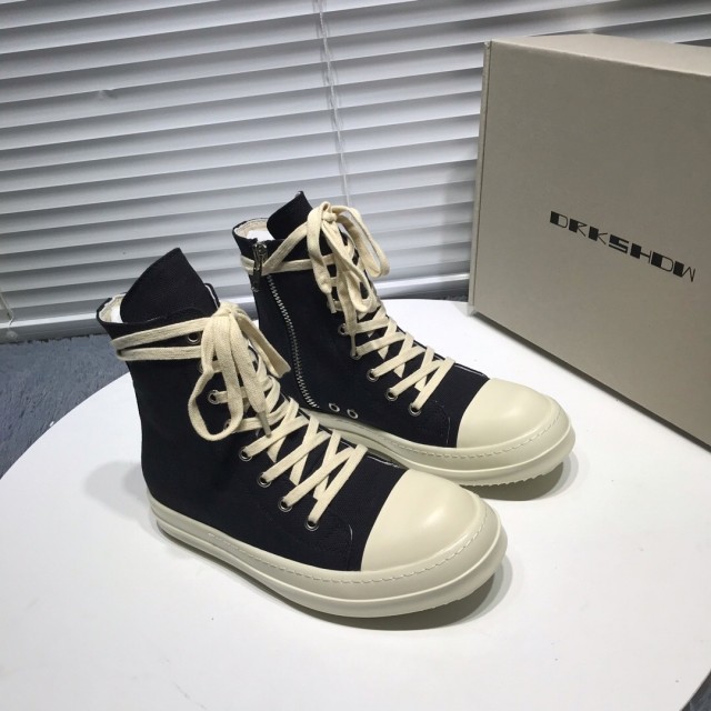 1:1 quality version Rick 0wens canvas hi sneaker shoes zipper black and white