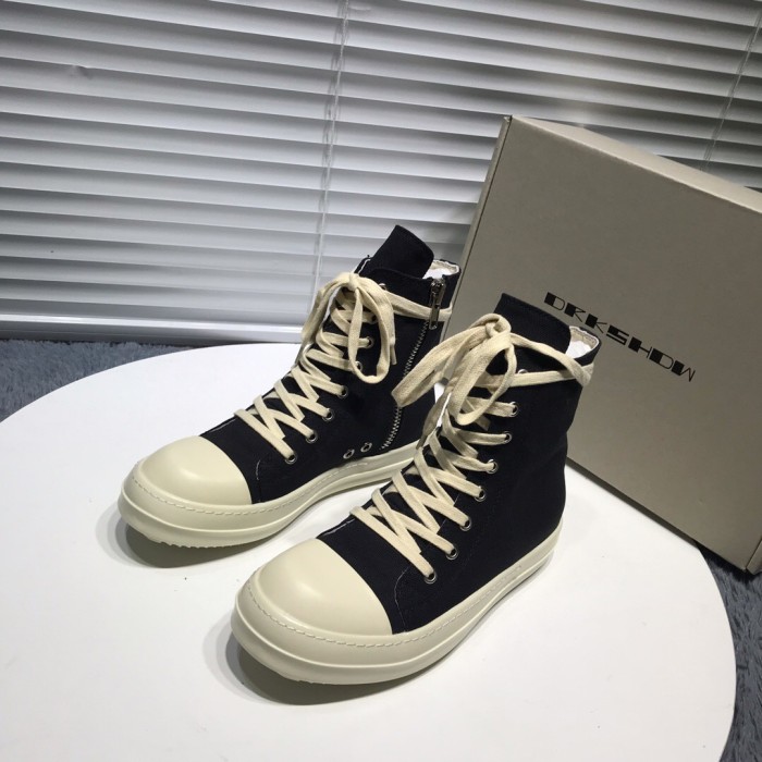 1:1 quality version Rick 0wens canvas hi sneaker shoes zipper black and white