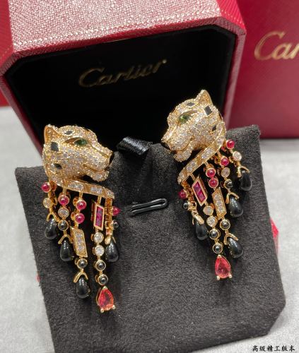 1:1 quality version C@rtier black onyx red diamond leopard earrings