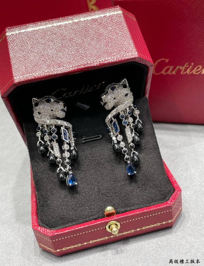 1:1 quality version C@rtier black onyx tassel leopard earrings