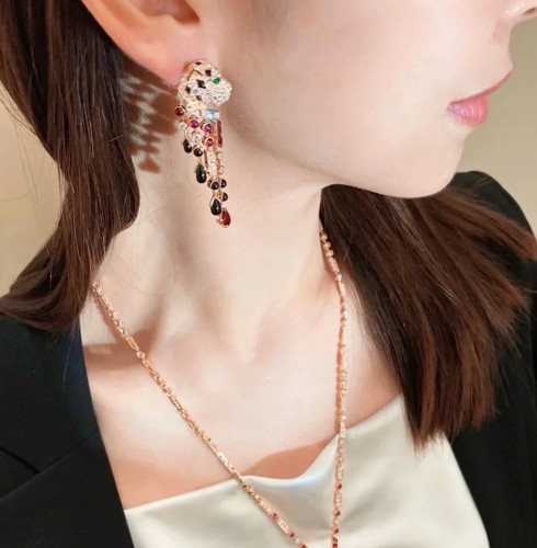 1:1 quality version C@rtier black onyx red diamond leopard earrings