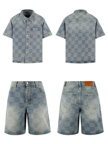 1:1 quality version 28286921 checkerboard denim shirt & shorts set