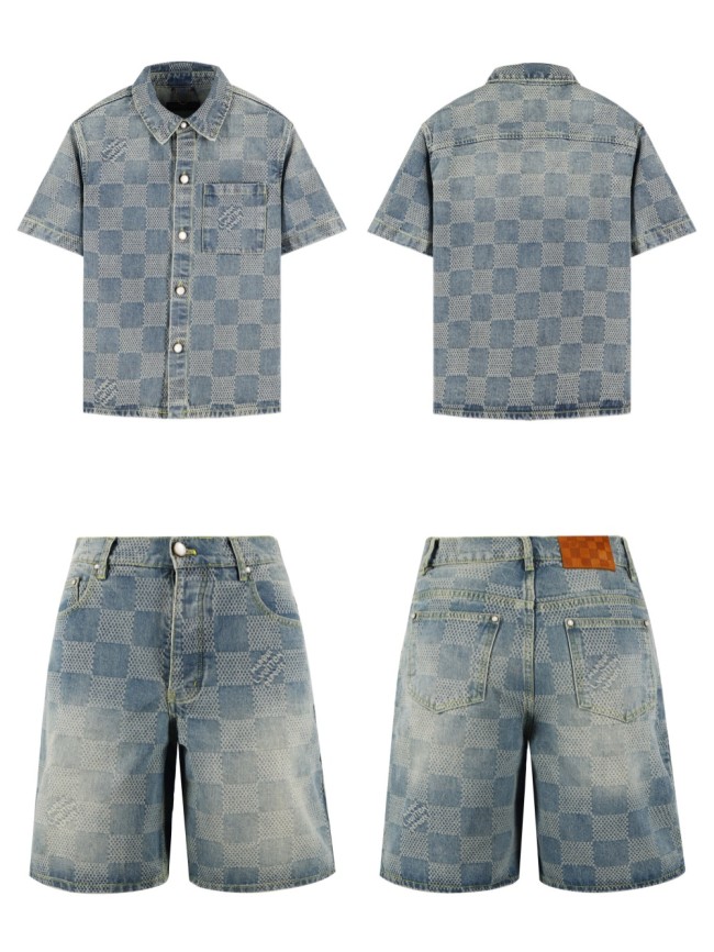 1:1 quality version 28286921 checkerboard denim shirt & shorts set