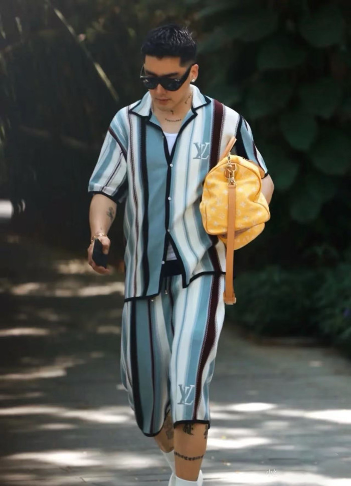 1:1 quality version 28327240 Striped Crochet shirt & shorts set
