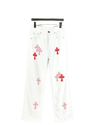 Pink-Trimmed Leather Cross White Jeans 28476836