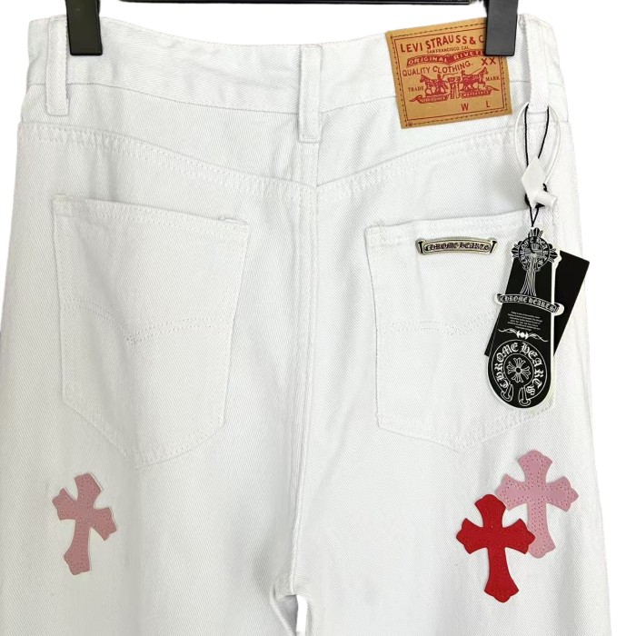 Pink-Trimmed Leather Cross White Jeans 28476836