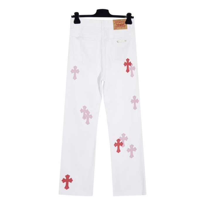 Pink-Trimmed Leather Cross White Jeans 28476836