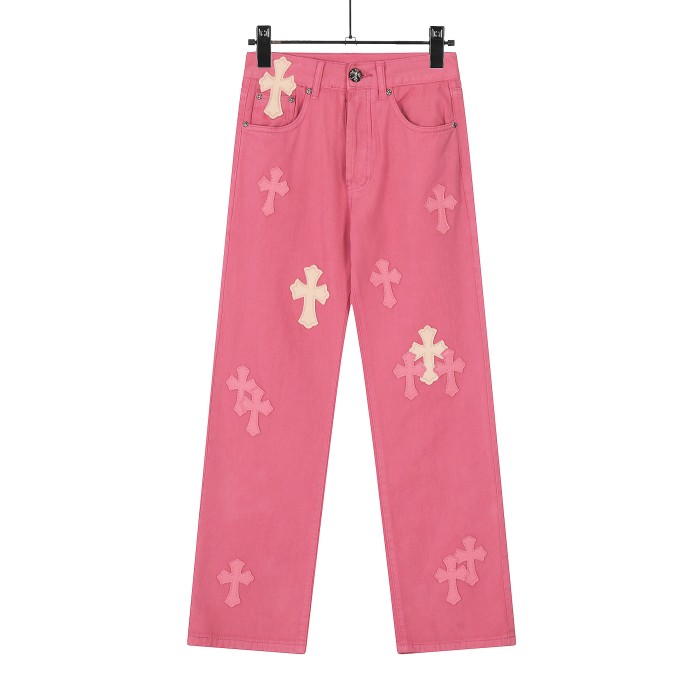 Patchwork Leather Cross Rose Pink Jeans 28479125