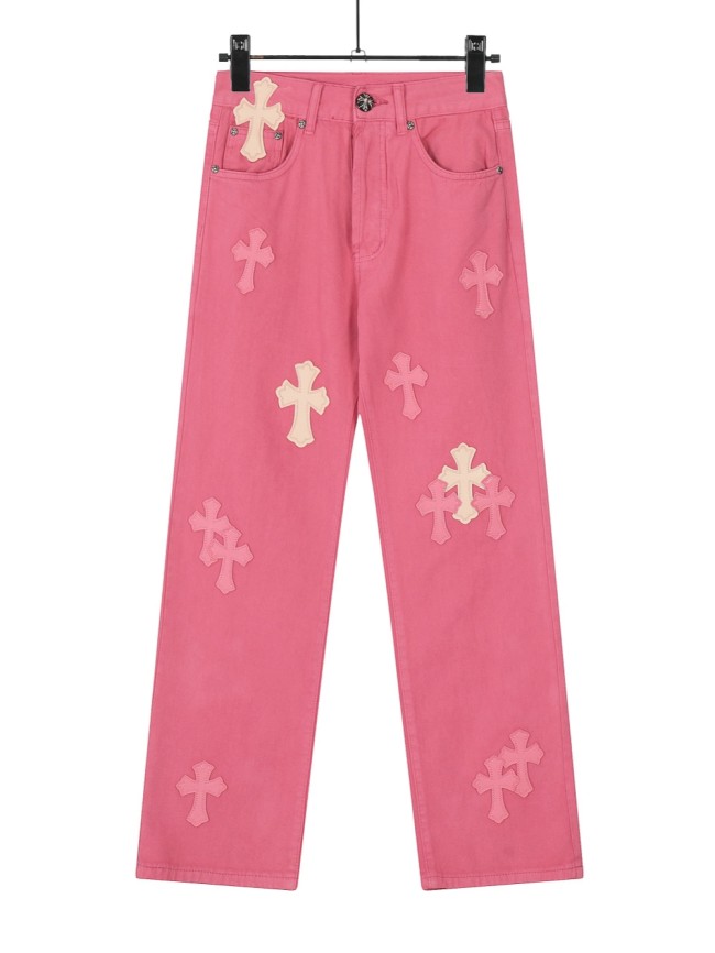 Patchwork Leather Cross Rose Pink Jeans 28479125