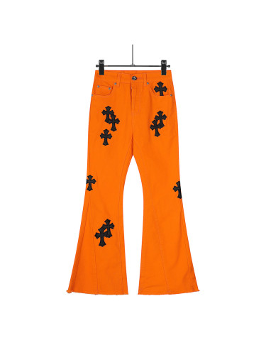 Black Patchwork Leather Cross Flared Jeans 28498827