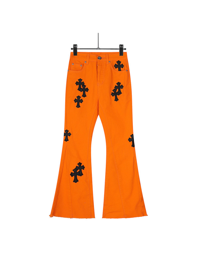 Black Patchwork Leather Cross Flared Jeans 28498827