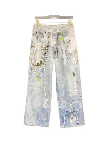 Lace Pearl Chain Print Jeans 28514667