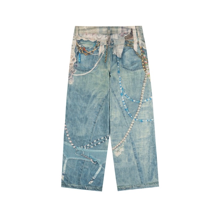 Lace Pearl Chain 3D Printed Jeans 28515007