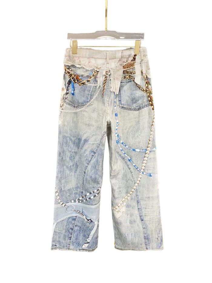 Lace Pearl Chain Print Jeans 28514667