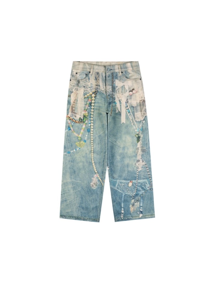 Lace Pearl Chain 3D Printed Jeans 28515007
