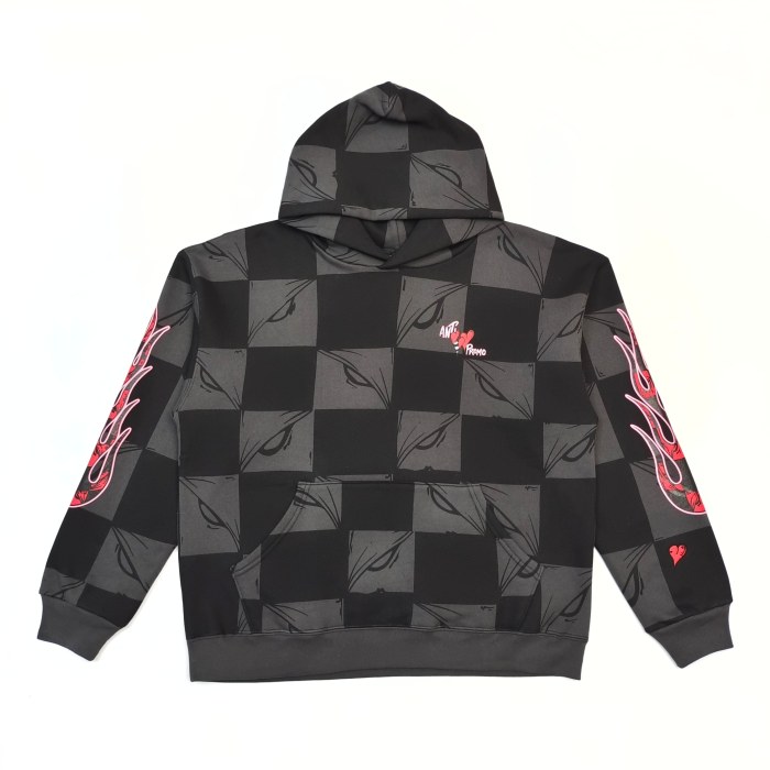 1:1 quality version Flame Print Black & Gray Check Hoodie & Pants Set 28519278