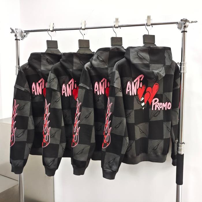 1:1 quality version Flame Print Black & Gray Check Hoodie & Pants Set 28519278