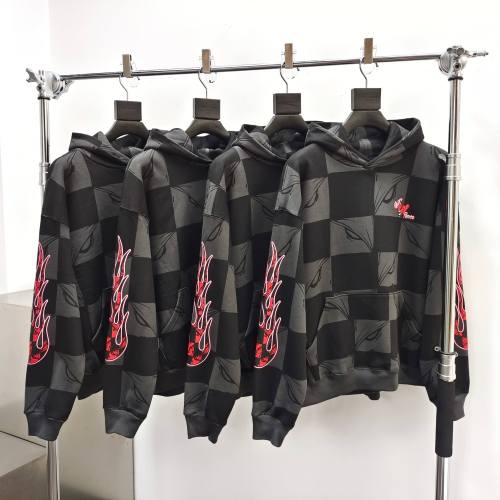1:1 quality version Flame Print Black & Gray Check Hoodie & Pants Set 28519278