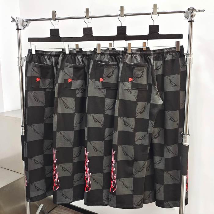 1:1 quality version Flame Print Black & Gray Check Hoodie & Pants Set 28519278