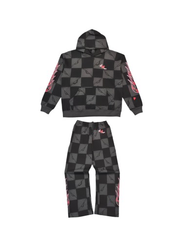 1:1 quality version Flame Print Black & Gray Check Hoodie & Pants Set 28519278