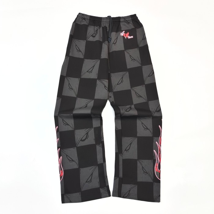 1:1 quality version Flame Print Black & Gray Check Hoodie & Pants Set 28519278