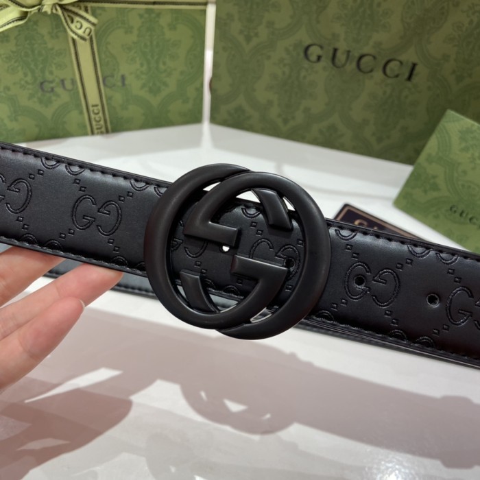Black Buckle Classic Embossed Leather Belt【Width 3.8cm】28523798