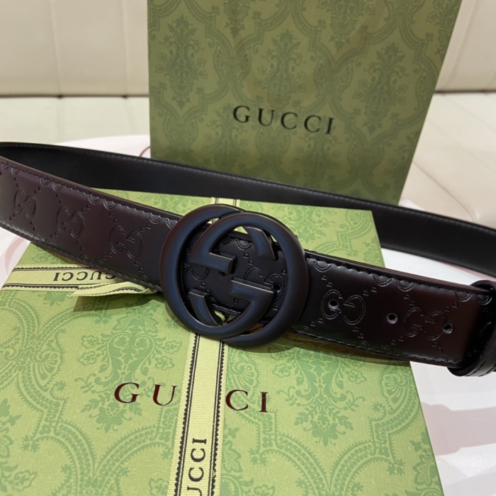 Black Buckle Classic Embossed Leather Belt【Width 3.8cm】28523798