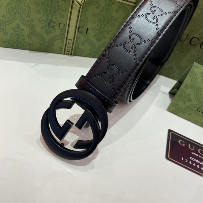 Black Buckle Classic Embossed Leather Belt【Width 3.8cm】28523798