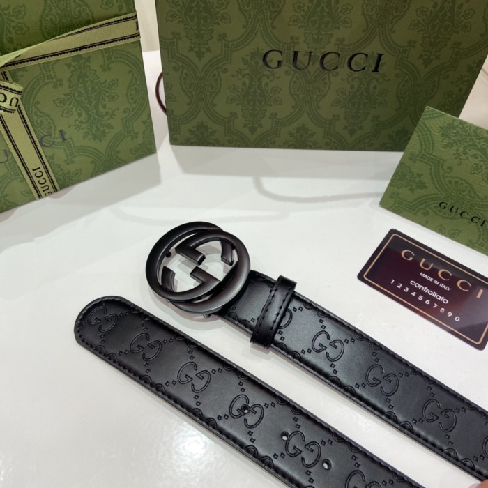 Black Buckle Classic Embossed Leather Belt【Width 3.8cm】28523798