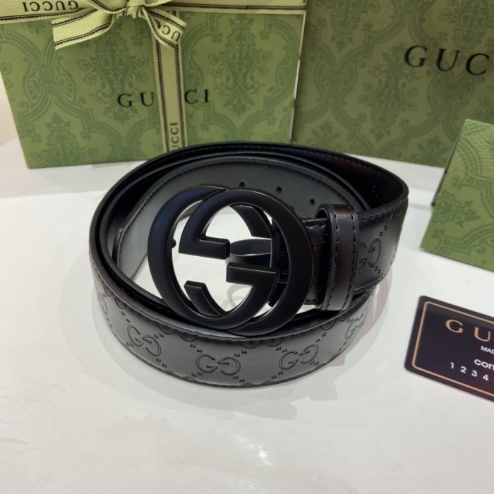 Black Buckle Classic Embossed Leather Belt【Width 3.8cm】28523798