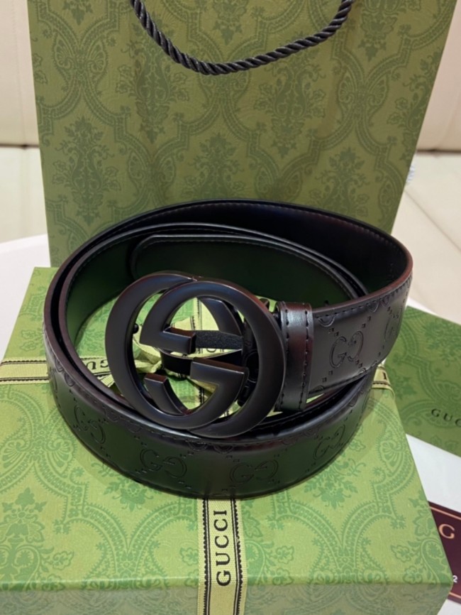 Black Buckle Classic Embossed Leather Belt【Width 3.8cm】28523798