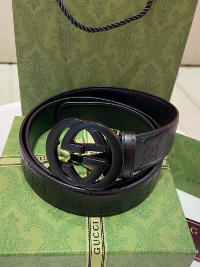 Black Buckle Classic Embossed Leather Belt【Width 3.8cm】28523798