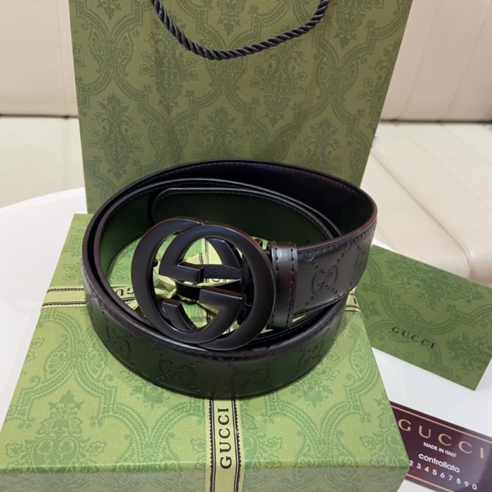Black Buckle Classic Embossed Leather Belt【Width 3.8cm】28523798