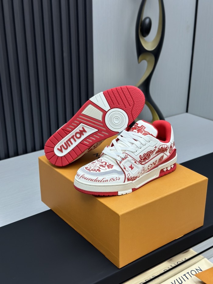 1:1 quality version Trainer White & Red Graffiti Leather Round Toe Lace-Up Shoes 28598354