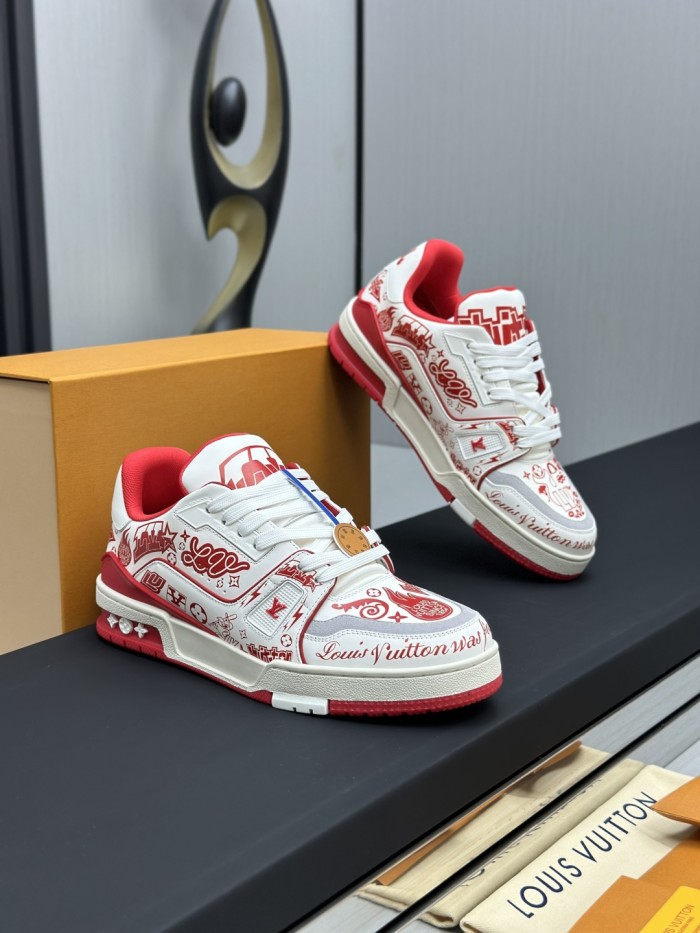 1:1 quality version Trainer White & Red Graffiti Leather Round Toe Lace-Up Shoes 28598354