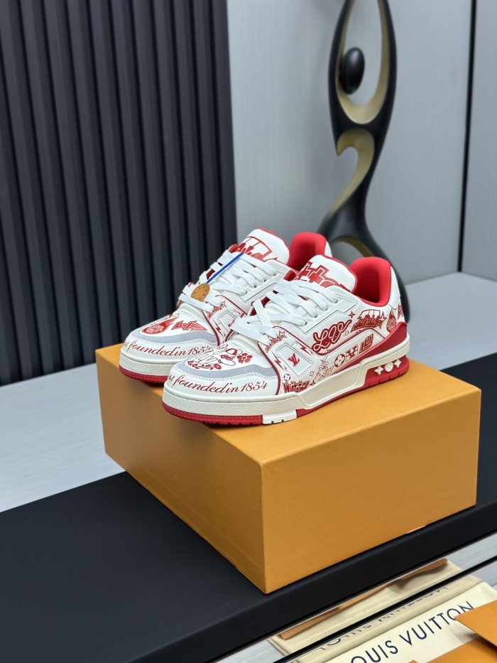 1:1 quality version Trainer White & Red Graffiti Leather Round Toe Lace-Up Shoes 28598354