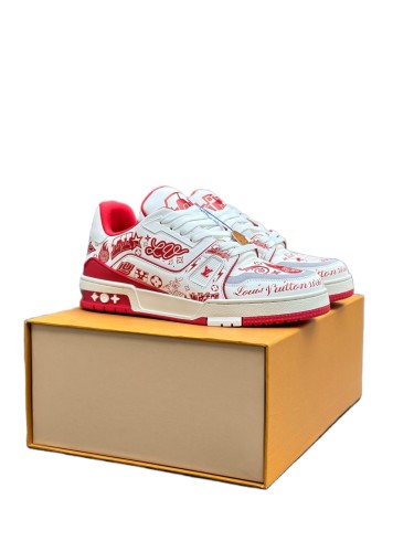 1:1 quality version Trainer White & Red Graffiti Leather Round Toe Lace-Up Shoes 28598354