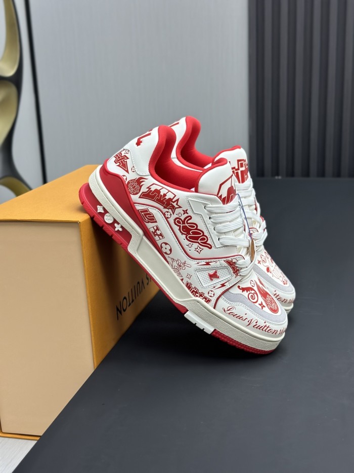 1:1 quality version Trainer White & Red Graffiti Leather Round Toe Lace-Up Shoes 28598354