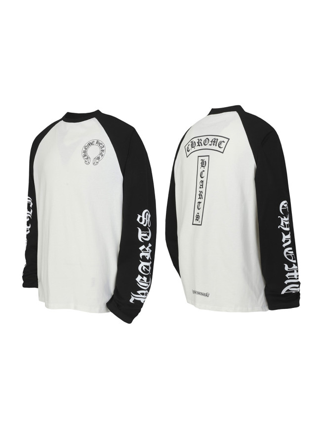 Black and White Color-Blocked Sleeve Sanskrit Letter Print Long Sleeve T-Shirt 28661876