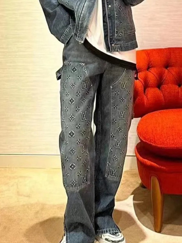 1:1 quality version Embroidered Rivet Distressed Denim Work Jeans 28687461