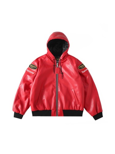 Collaborative Logo Embroidery Patch Zipper Hooded Leather Jacket 2 colors 28688399