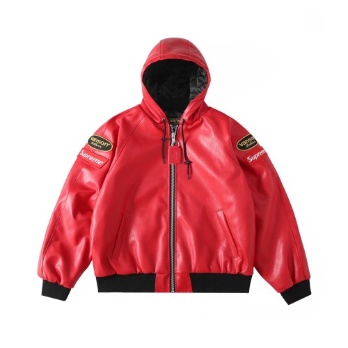 Collaborative Logo Embroidery Patch Zipper Hooded Leather Jacket 2 colors 28688399