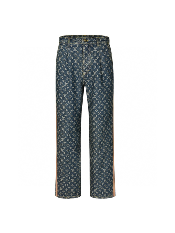 1:1 quality version Jacquard All-Over Print Leather Trim Denim Pants 28689531