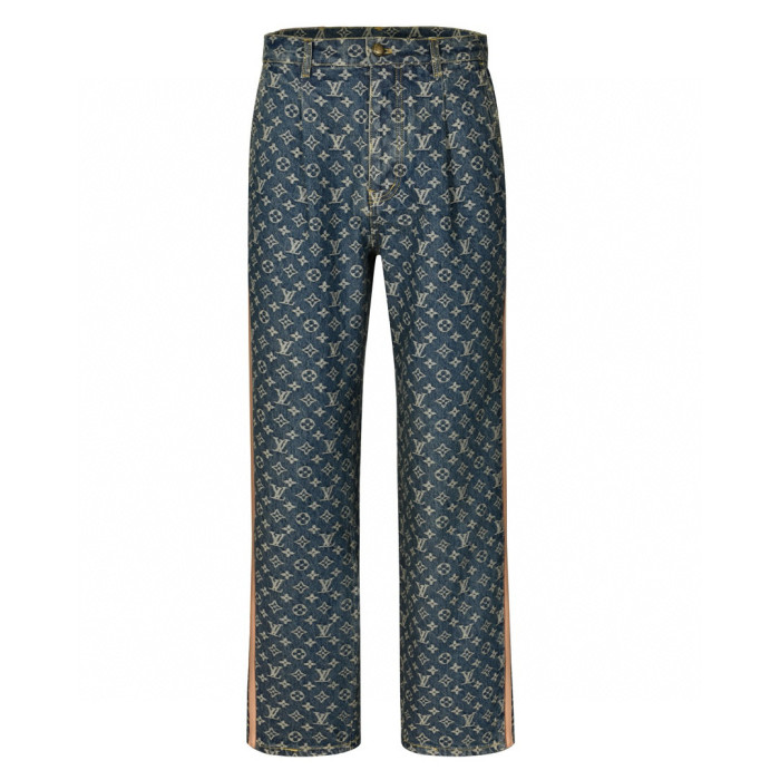 1:1 quality version Jacquard All-Over Print Leather Trim Denim Pants 28689531