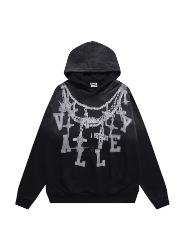 Large Chain Back Letter Printed Washed Version Hoodie 28711245
