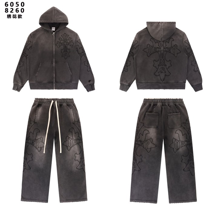 Embroidered Distressed Washed Version Zippe Hoodie & Pants Set 2 colors 28755586
