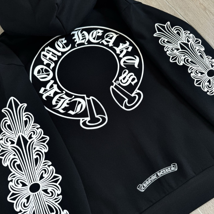 1:1 quality version Floral Sleeve Back Black Horseshoe Print Hoodie 28755502