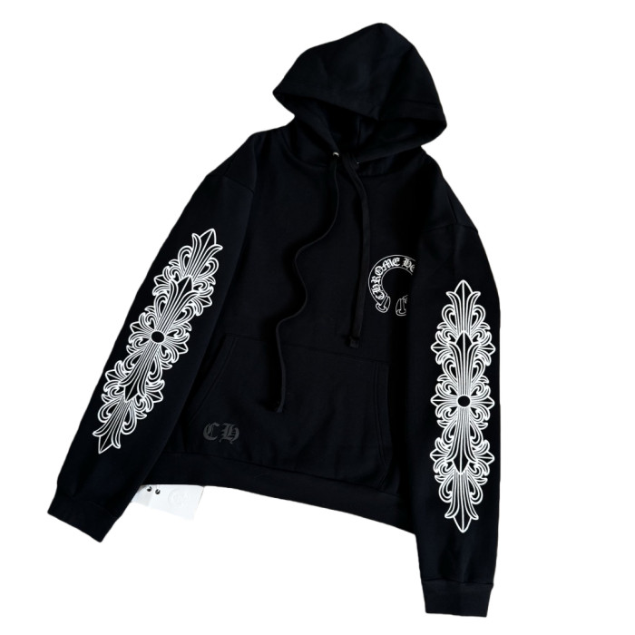 1:1 quality version Floral Sleeve Back Black Horseshoe Print Hoodie 28755502