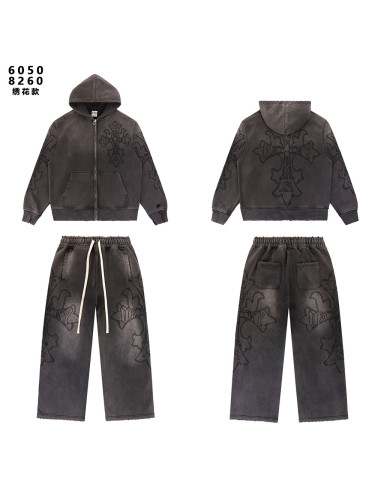 Embroidered Distressed Washed Version Zippe Hoodie & Pants Set 2 colors 28755586