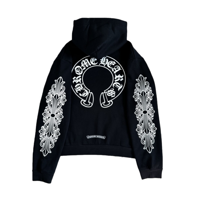 1:1 quality version Floral Sleeve Back Black Horseshoe Print Hoodie 28755502